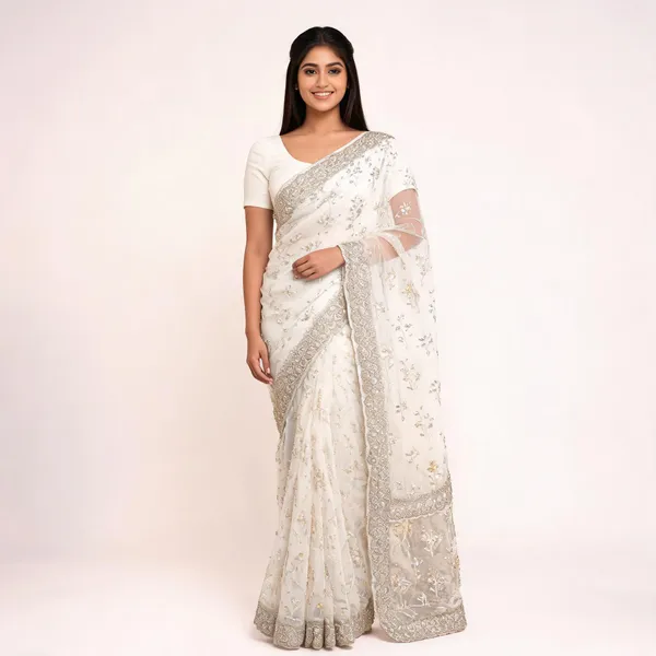 White_Georgette_Saree_With_Blouse_Piece_For_women