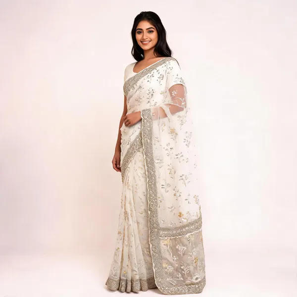 White_Georgette_Saree_With_Blouse_Piece_For_women