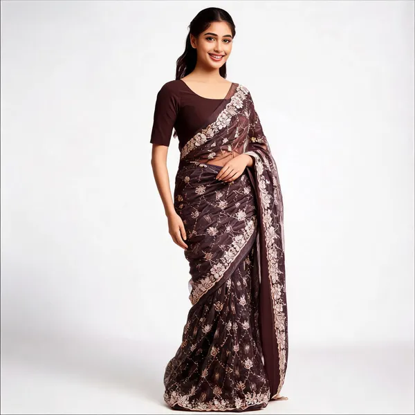 Brown_Tissue_Net_Saree_With_Blouse_Piece_For_women