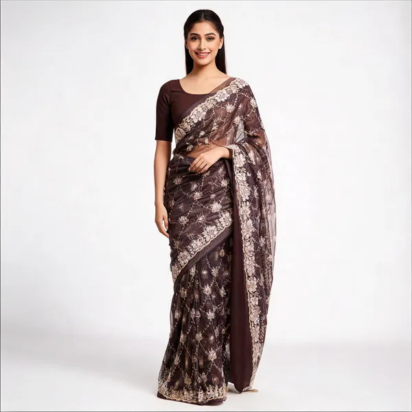 Brown_Tissue_Net_Saree_With_Blouse_Piece_For_women