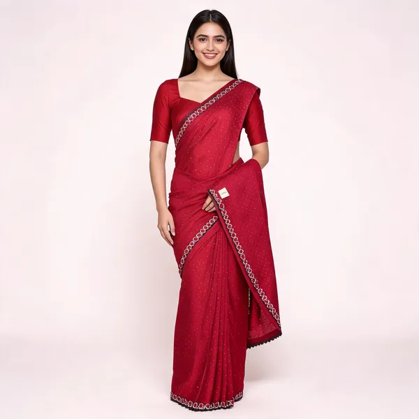 Red_Satin_Saree_With_Blouse_Piece_For_women