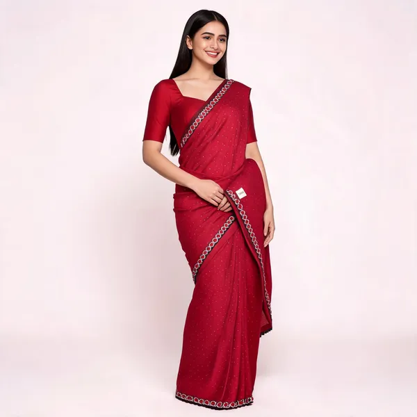 Red_Satin_Saree_With_Blouse_Piece_For_women