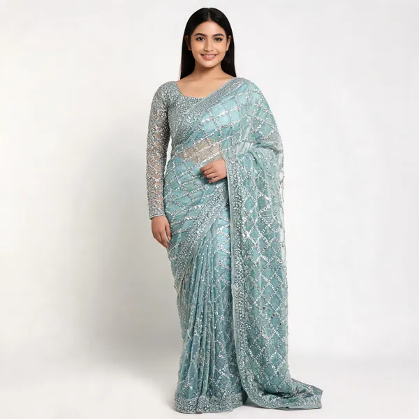 Sky_Blue_Net_Saree_With_Blouse_Piece_For_women