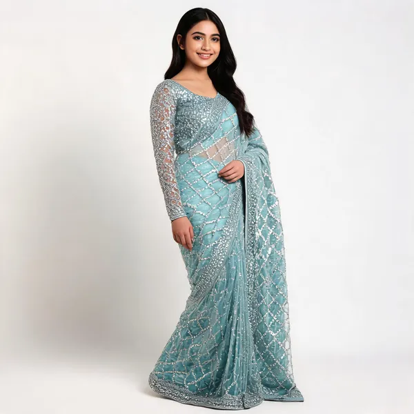 Sky_Blue_Net_Saree_With_Blouse_Piece_For_women