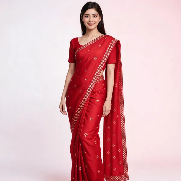 Red_Satin_Saree_With_Blouse_Piece_For_women
