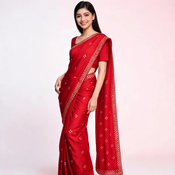 Red_Satin_Saree_With_Blouse_Piece_For_women
