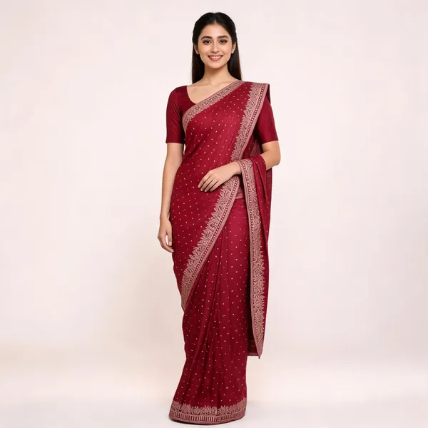 Red_Satin_Saree_With_Blouse_Piece_For_women