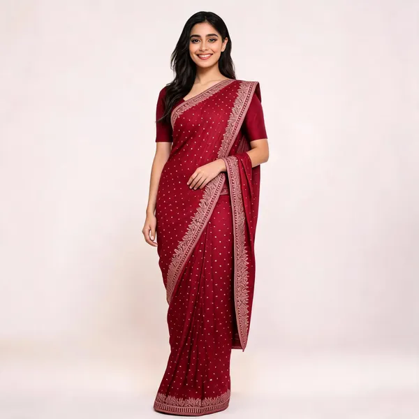 Red_Satin_Saree_With_Blouse_Piece_For_women