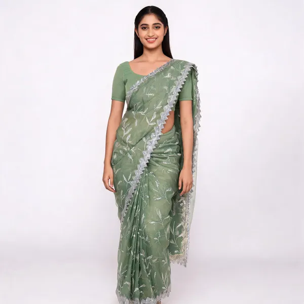 Pista_Green_Organza_Saree_With_Blouse_Piece_For_women