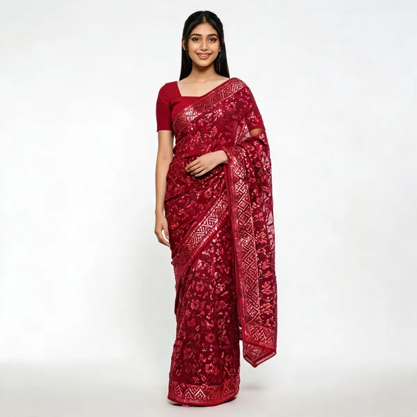 Red_Georgette_Saree_With_Blouse_Piece_For_women
