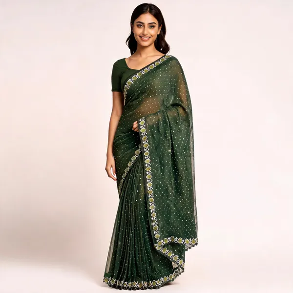 Green_Georgette_Saree_With_Blouse_Piece_For_women