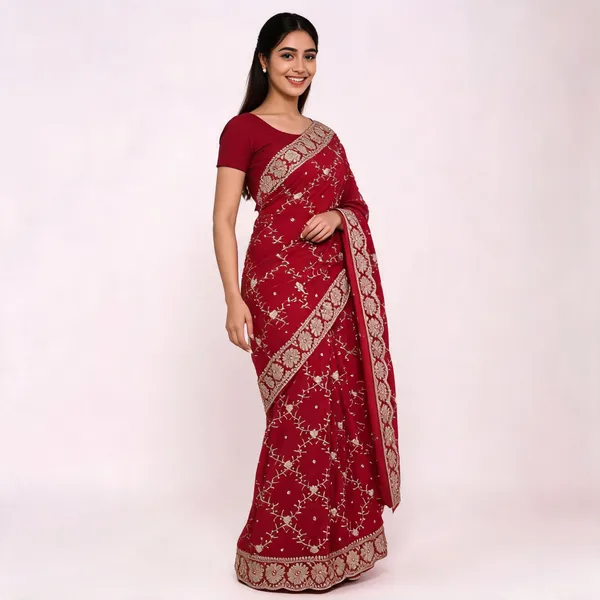 Red_Georgette_Saree_With_Blouse_Piece_For_women