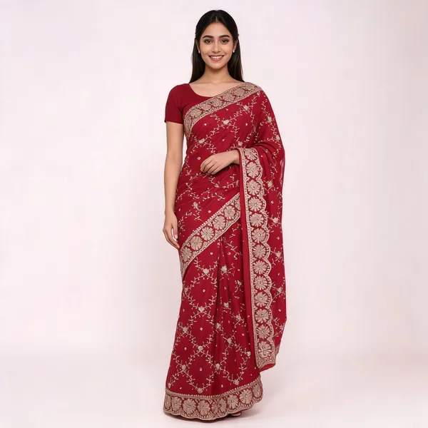Red_Georgette_Saree_With_Blouse_Piece_For_women