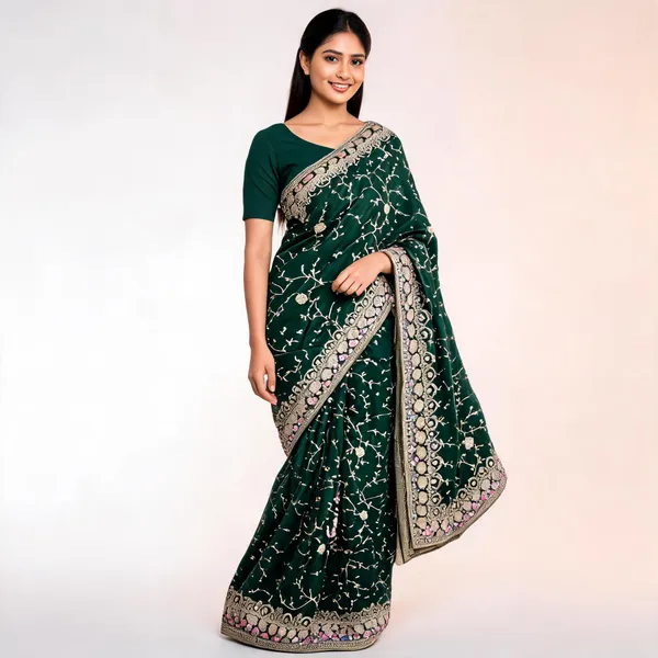 Green_Georgette_Saree_With_Blouse_Piece_For_women