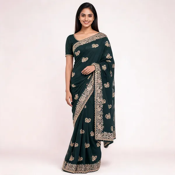 Green_Georgette_Saree_With_Blouse_Piece_For_women