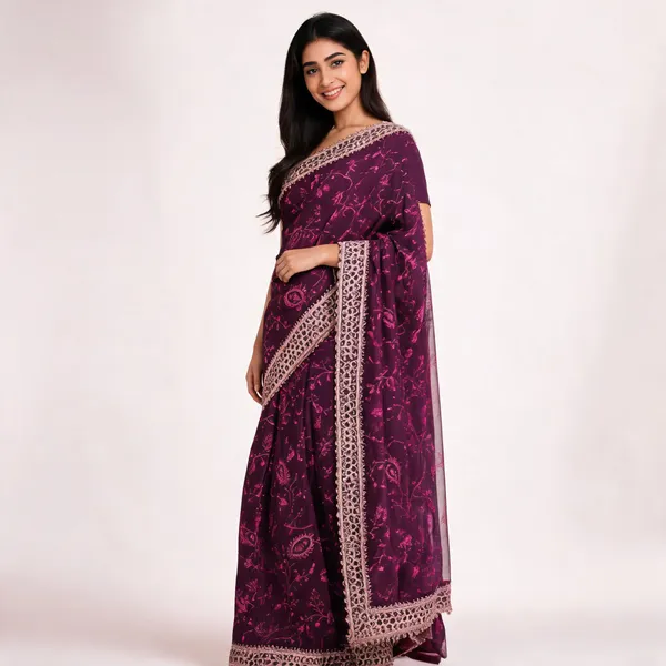 Wine_Georgette_Saree_With_Blouse_Piece_For_women