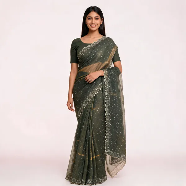 Green_Satin_Saree_With_Blouse_Piece_For_women