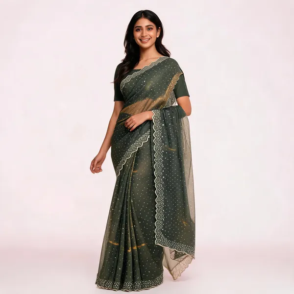 Green_Satin_Saree_With_Blouse_Piece_For_women