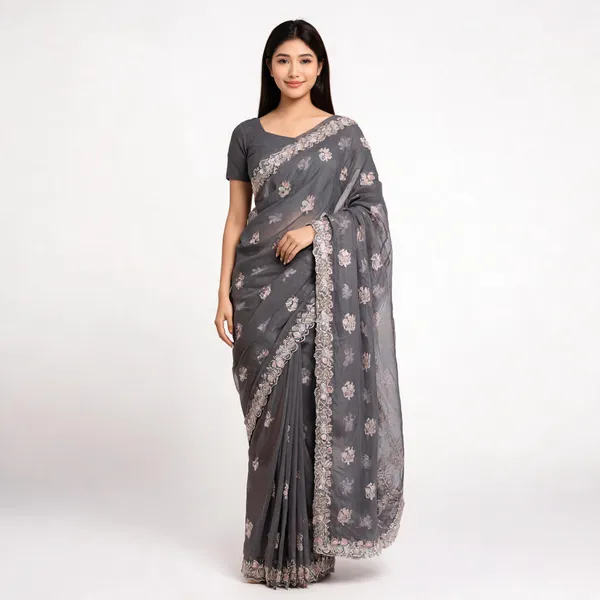 Grey_Chiffon_Saree_With_Blouse_Piece_For_women