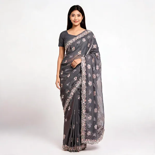 Grey_Chiffon_Saree_With_Blouse_Piece_For_women