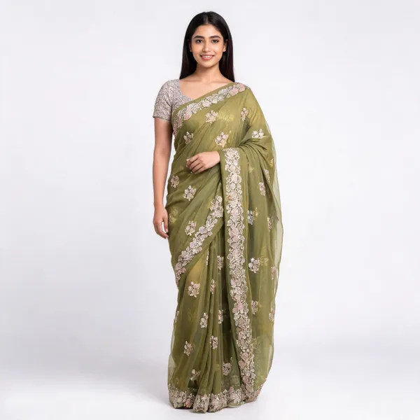 Pista_Chiffon_Saree_With_Blouse_Piece_For_women
