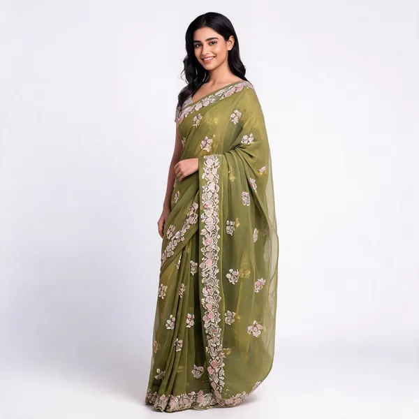 Pista_Chiffon_Saree_With_Blouse_Piece_For_women