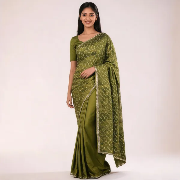 Green_Satin_Saree_With_Blouse_Piece_For_women