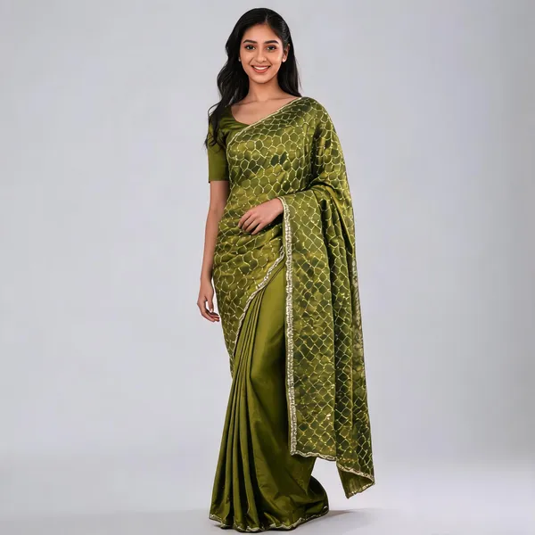Green_Satin_Saree_With_Blouse_Piece_For_women