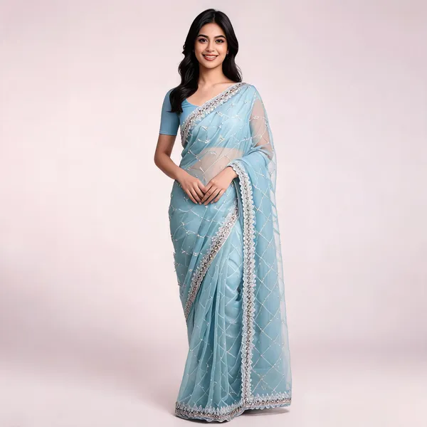 Sky_Blue_Soft_Organza_Saree_With_Blouse_Piece_For_women