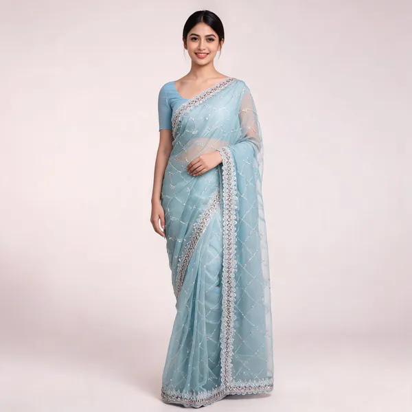 Sky_Blue_Soft_Organza_Saree_With_Blouse_Piece_For_women