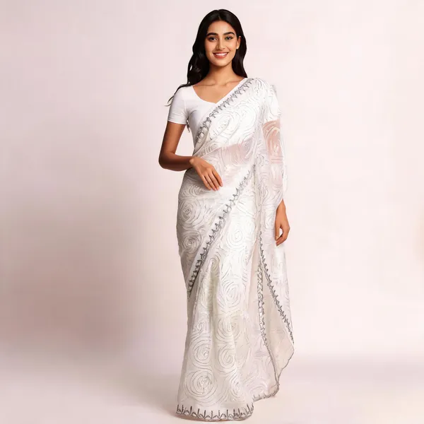 White_Georgette_Saree_With_Blouse_Piece_For_women