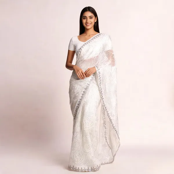 White_Georgette_Saree_With_Blouse_Piece_For_women