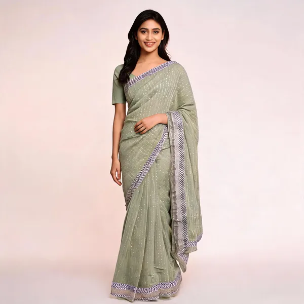 Pista_Satin_Saree_With_Blouse_Piece_For_women