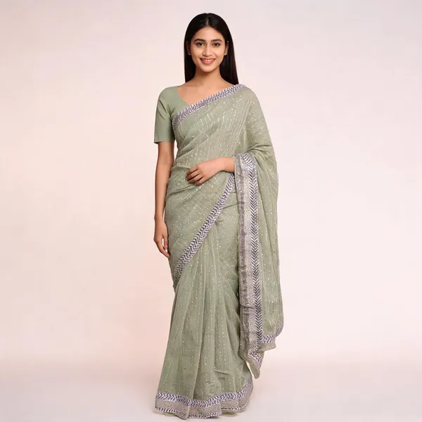 Pista_Satin_Saree_With_Blouse_Piece_For_women