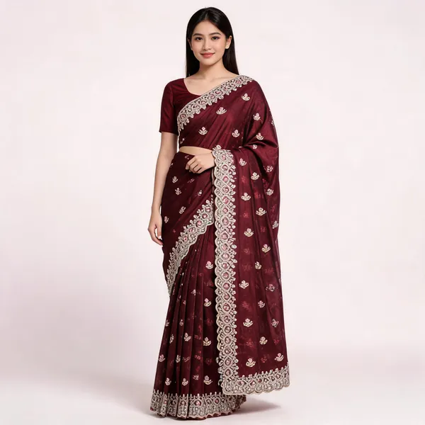Marron_Vichitra_Saree_With_Blouse_Piece_For_women