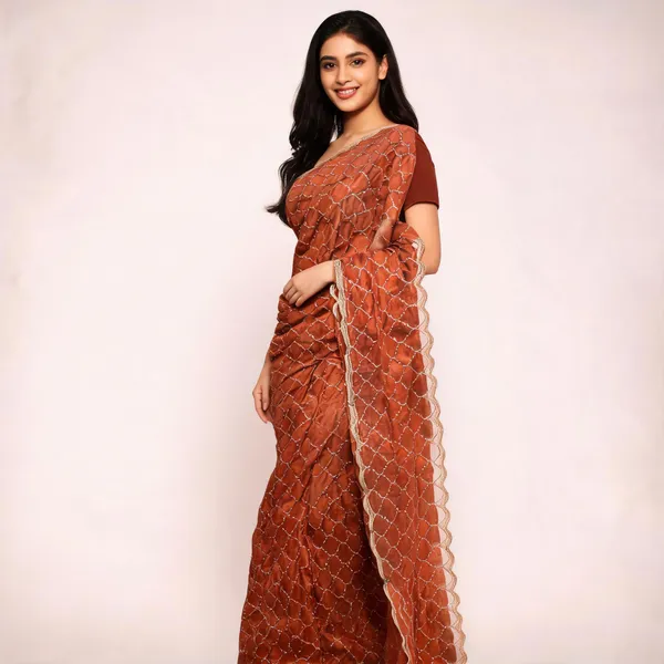 Rust_Satin_Saree_With_Blouse_Piece_For_women