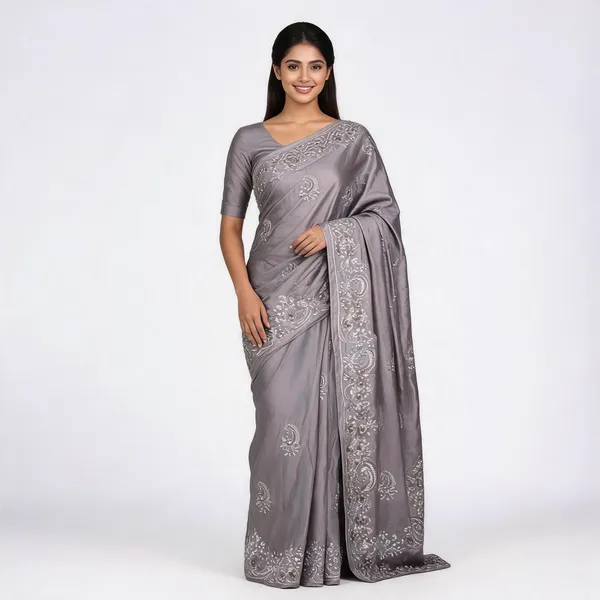 Grey_Satin_Saree_With_Blouse_Piece_For_women