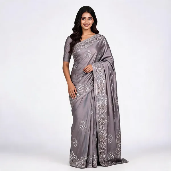 Grey_Satin_Saree_With_Blouse_Piece_For_women