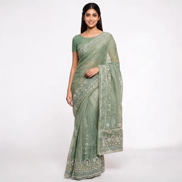 Pista_Rangoli_Saree_With_Blouse_Piece_For_women
