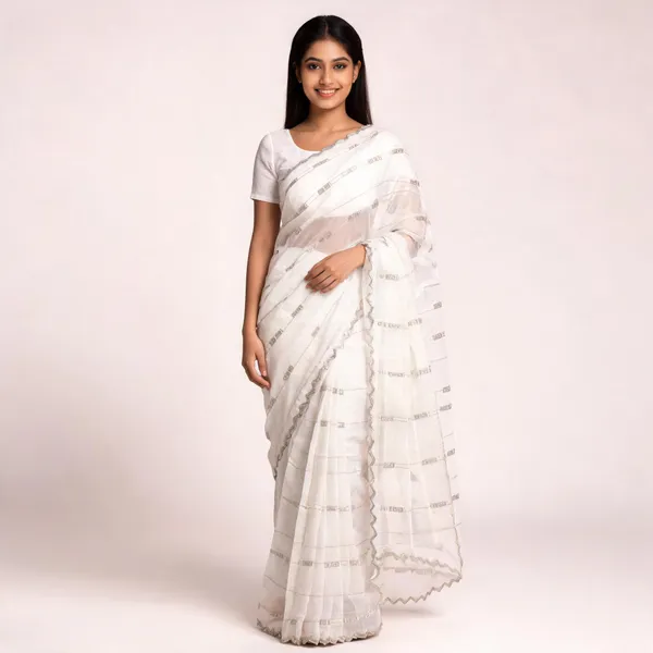 White_Satin_Saree_With_Blouse_Piece_For_women