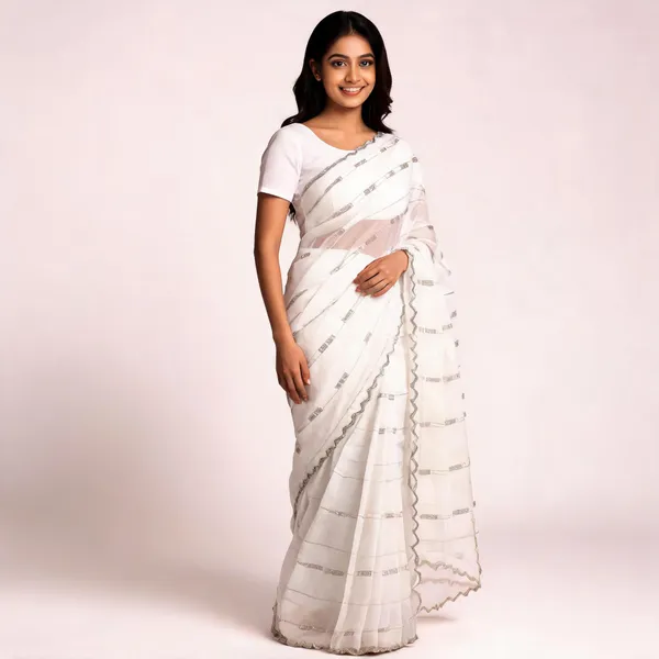 White_Satin_Saree_With_Blouse_Piece_For_women