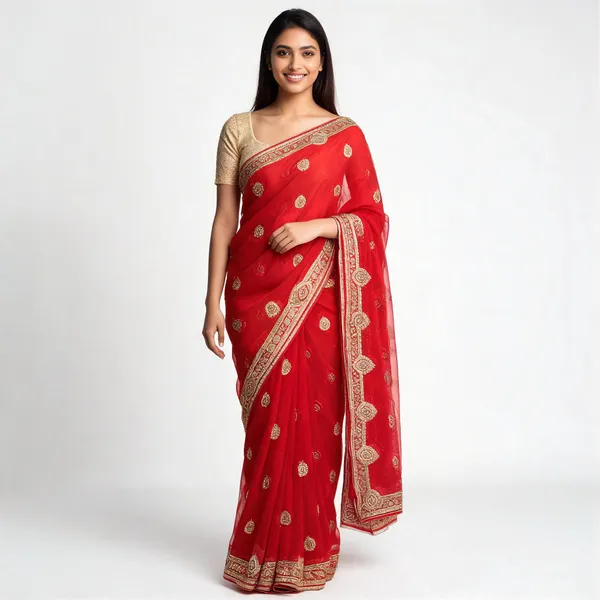 Red_Georgette_Saree_With_Blouse_Piece_For_women