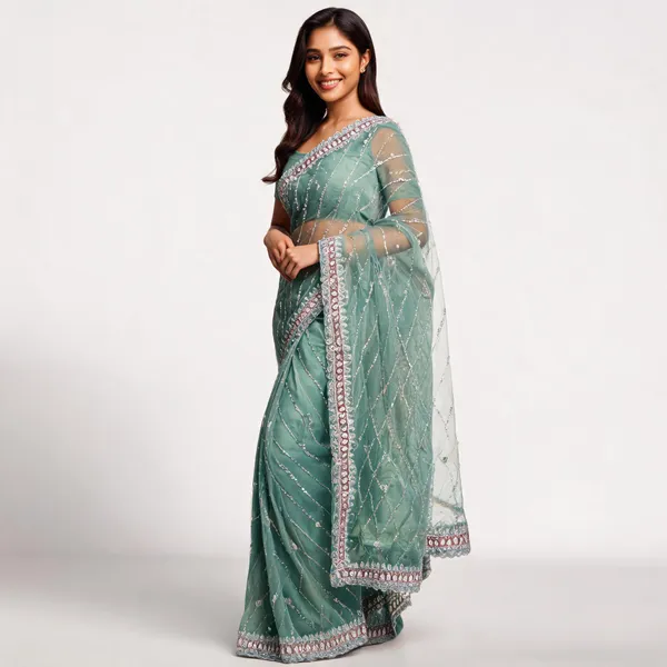 Pista_Soft_Organza_Saree_With_Blouse_Piece_For_women