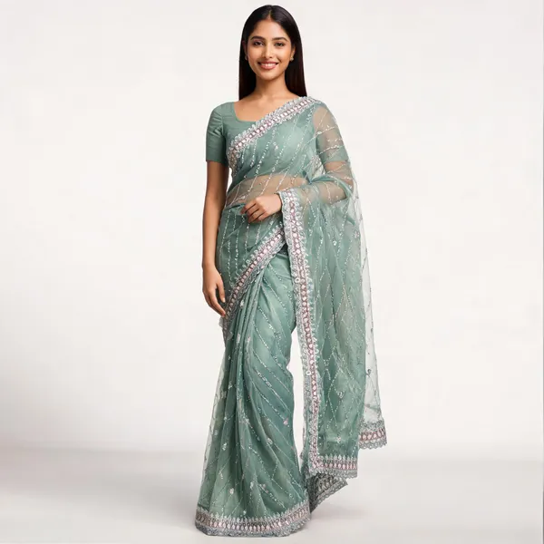 Pista_Soft_Organza_Saree_With_Blouse_Piece_For_women