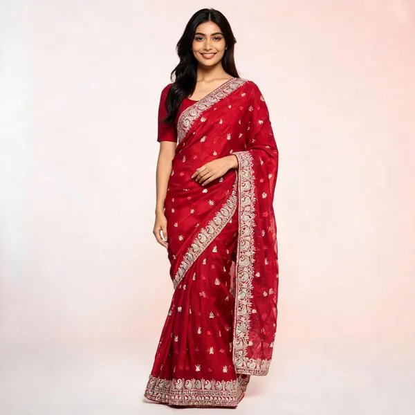 Red_Georgette_Saree_With_Blouse_Piece_For_women