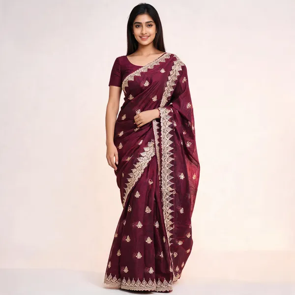 Wine_Vichitra_Saree_With_Blouse_Piece_For_women