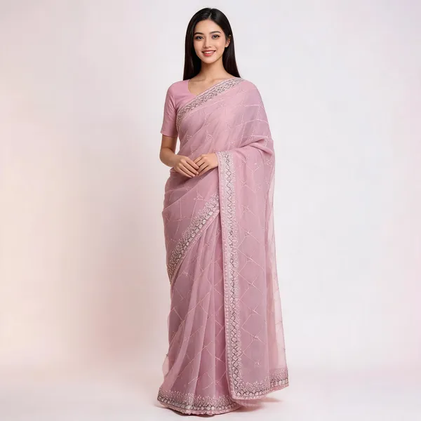 Pink_Soft_Organza_Saree_With_Blouse_Piece_For_women