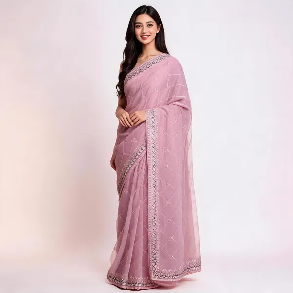 Pink_Soft_Organza_Saree_With_Blouse_Piece_For_women