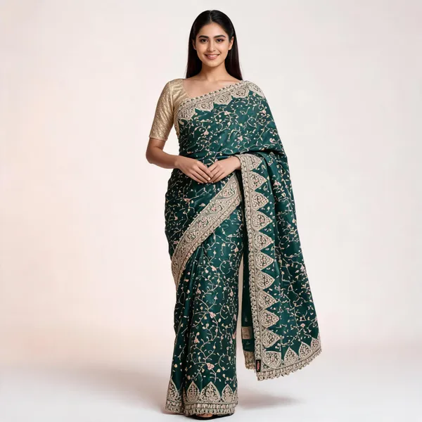 Green_Satin_Saree_With_Blouse_Piece_For_women