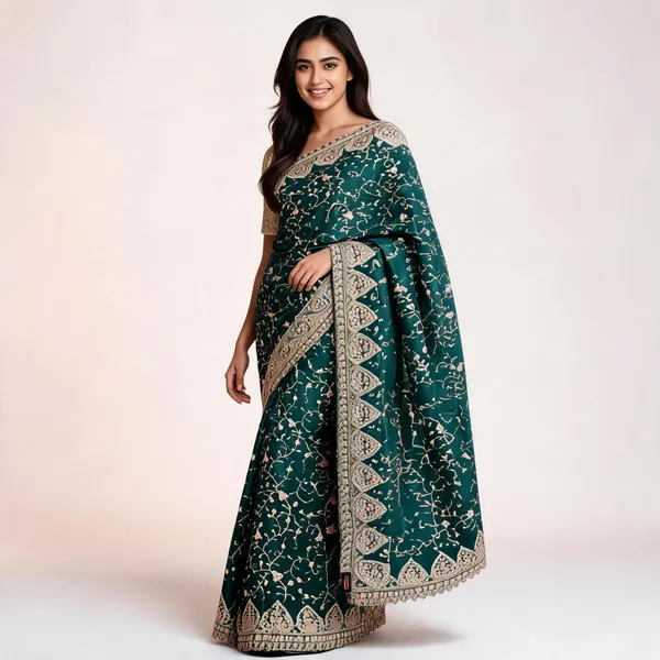 Green_Satin_Saree_With_Blouse_Piece_For_women